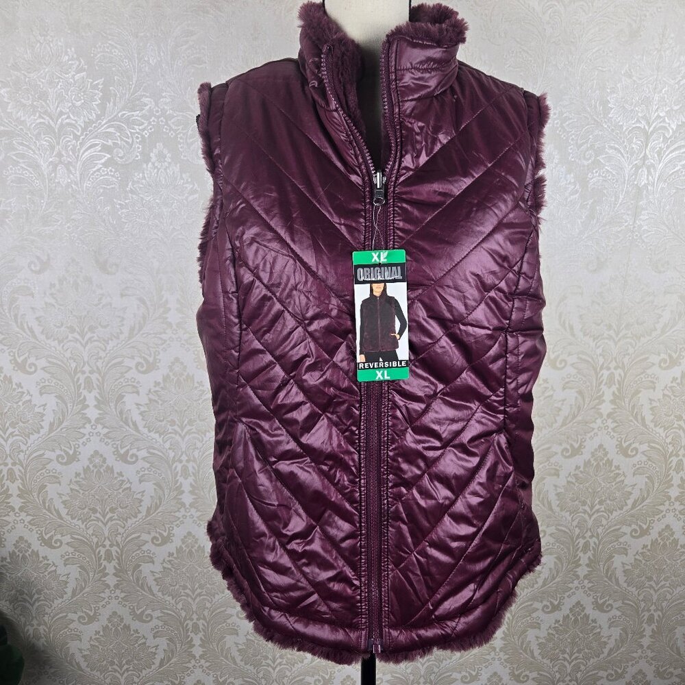 Nicole Miller Original Size XL Wine Reversible Puffer/Faux Fur Vest Pockets Zip